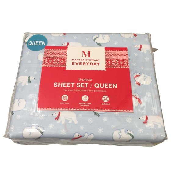 Martha Stewart Holiday Polar Bears 6 Piece Queen Sheet Set Light Blue White
